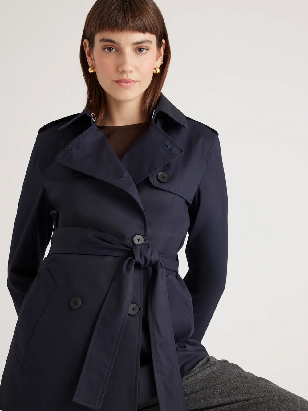 NWT QUINCE Classic Comfort Stretch Short Trench Coat Navy XS 9568 - Picture 8 of 11